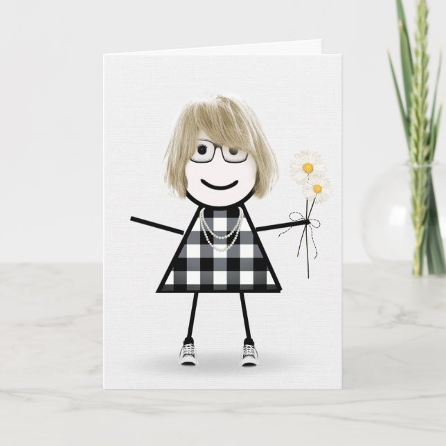 Tarjeta Chica de palo de cumpleaños con margaritas  (Anverso)