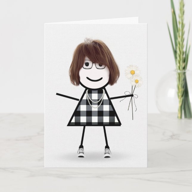 Tarjeta Chica de palo de cumpleaños con margaritas (Anverso)