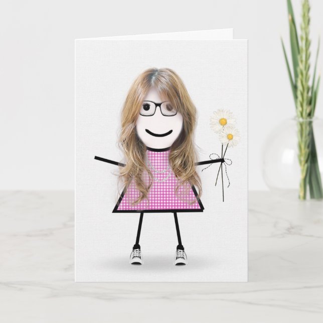 Tarjeta Chica de palo de cumpleaños de gingham con margari (Anverso)