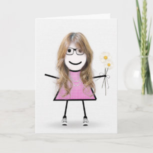 Tarjeta Chica de palo de cumpleaños de gingham con margari