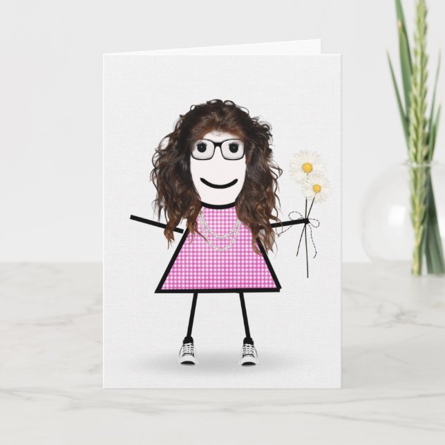 Tarjeta Chica de palo de cumpleaños de gingham con margari (Anverso)