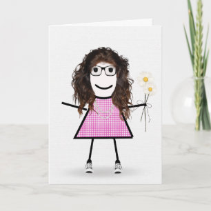 Tarjeta Chica de palo de cumpleaños de gingham con margari