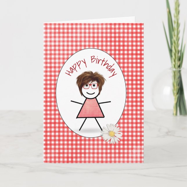 Tarjeta Chica de palo de cumpleaños en Gingham (Anverso)