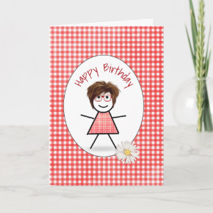 Tarjeta Chica de palo de cumpleaños en Gingham