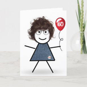 Tarjeta Chica de palo para cumpleaños 60 con globo rojo