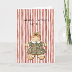 Tarjeta Chica de pan de jengibre de Navidad de rayas rojas