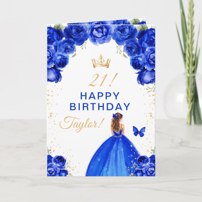 Tarjeta Chica de pelo castaño con flores azules Feliz Cump (Anverso)
