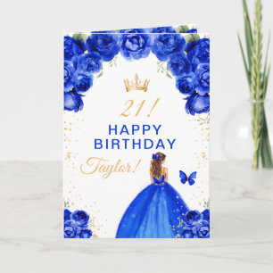 Tarjeta Chica de pelo castaño con flores azules Feliz Cump