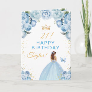 Tarjeta Chica de pelo castaño con flores azules Feliz cump