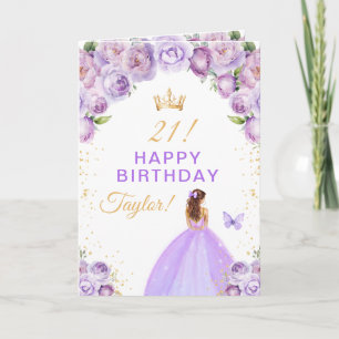 Tarjeta Chica de pelo castaño con flores moradas Feliz Cum