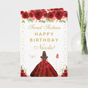 Tarjeta Chica de pelo castaño con flores rojas Dulces diec