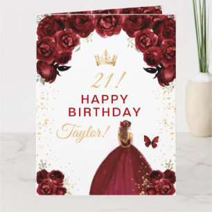 Tarjeta Chica de pelo castaño con flores rojo oscuro Feliz