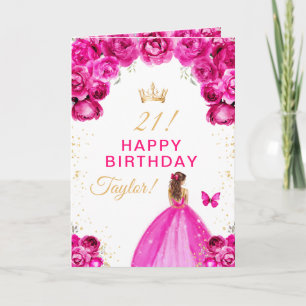 Tarjeta Chica de pelo castaño con flores rosadas Feliz Cum