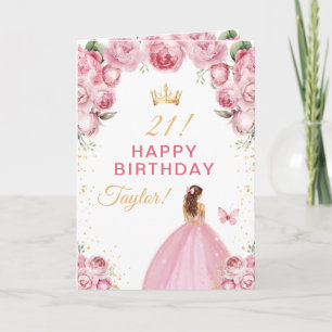 Tarjeta Chica de pelo castaño con flores rosadas Feliz Cum