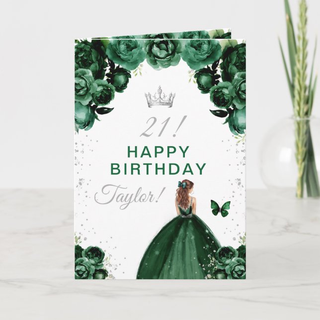 Tarjeta Chica de pelo castaño con flores verdes Feliz cump (Anverso)