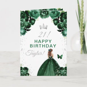 Tarjeta Chica de pelo castaño con flores verdes Feliz cump