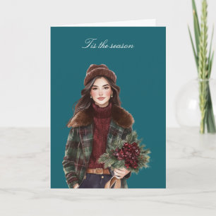 Tarjeta Chica de pelo castaño de Navidad con flores