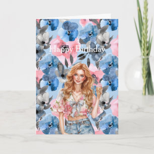 Tarjeta Chica de pelo rojo helado floral azul cumpleaños