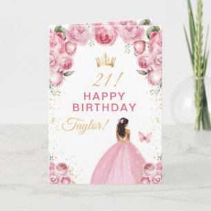 Tarjeta Chica de piel oscura con flores rosadas Feliz Cump