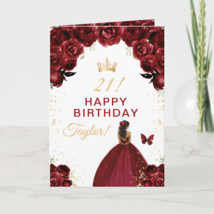 Tarjeta Chica de Piel Oscura Floral Rojo Oscuro Feliz Cump