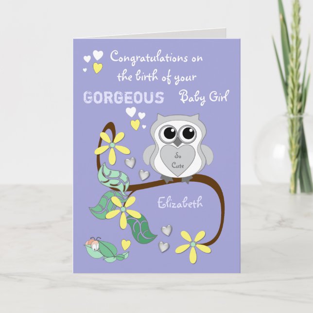 Tarjeta chica de recién nacido felicita a la púrpura con u (Anverso)