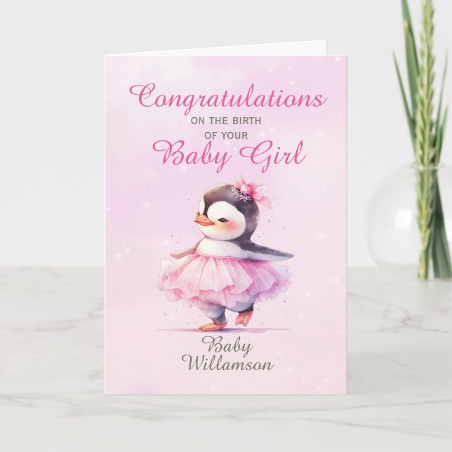 Tarjeta Chica de recién nacido Pink Penguin Ballerina (Anverso)