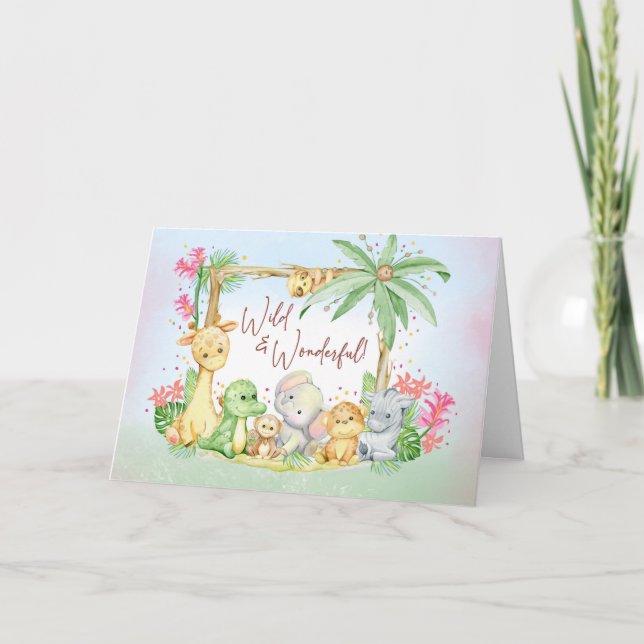 Tarjeta Chica de recién nacido Safari Animales salvajes y  (Anverso)