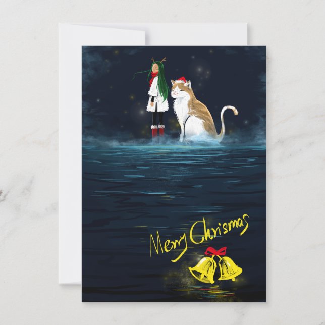 Tarjeta Chica de renos Feliz Navidad Gato Festividad mágic (Anverso)