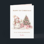 Tarjeta Chica de Snowman rosa la primera Navidad doblada<br><div class="desc">Navidades doblaron la tarjeta con un adorable muñeco de nieve de época rosa para bebé y niñas pequeñas. Rosa nevado adentro. Personaliza fácilmente el texto - Kate Eden Art.</div>