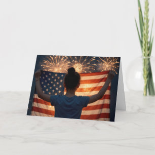 Tarjeta Chica del 4 de Julio con bandera y fuegos artifici