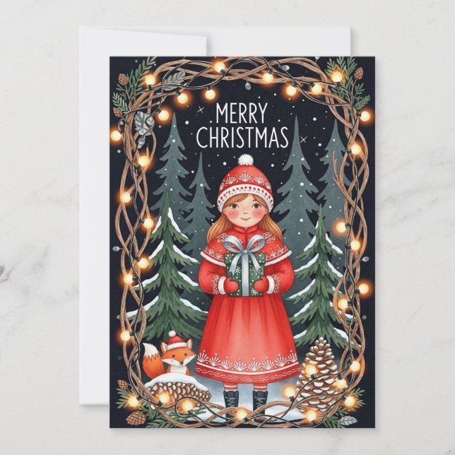 Tarjeta Chica del Bosque Feliz Navidad (Anverso)