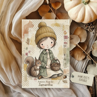 Tarjeta Chica del bosque otoñal acogedor con collage de ar