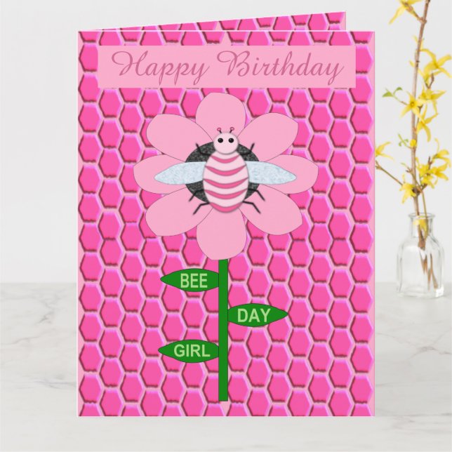 Tarjeta Chica del Día de la Abeja Feliz cumpleaños Rosado  (flor amarilla)
