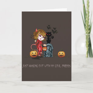 Tarjeta Chica del diablo rojo de Halloween con el gato en