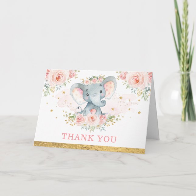Tarjeta Chica elefante de flores rosadas Rubor Gracias (Anverso)