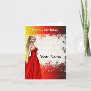 Tarjeta Chica en cumpleaños rojo del vestido