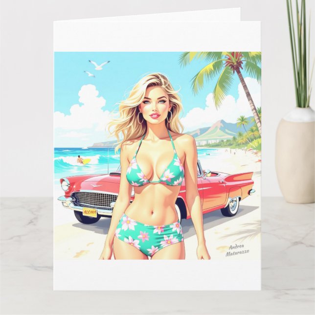 Tarjeta Chica en la playa con un coche clásico (Anverso)