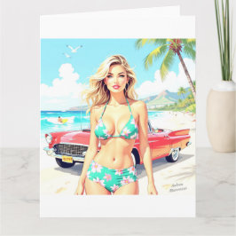 Tarjeta Chica en la playa con un coche clásico