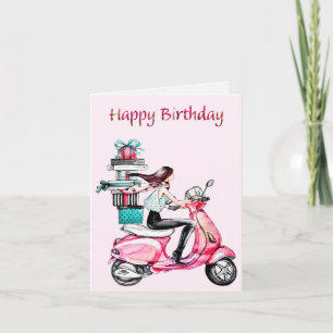 Tarjeta Chica en scooter Feliz Cumpleaños