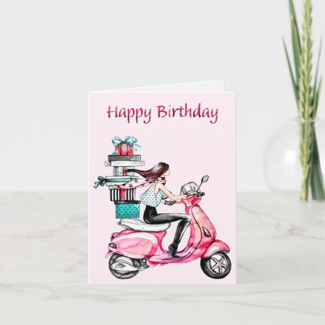 Tarjeta Chica en scooter Feliz Cumpleaños (Anverso)