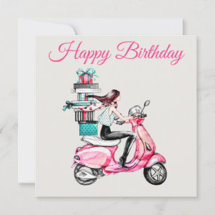 Tarjeta Chica en un Scooter con presentes