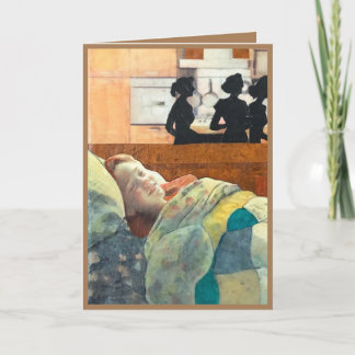 Tarjeta chica enfermo feliz en la cama siendo cuidado, san