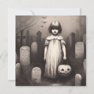 Tarjeta Chica espeluznante en el cementerio de Halloween