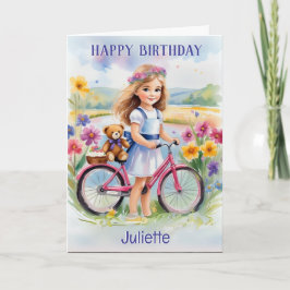 Tarjeta Chica Flores de bicicleta Teddy Bonito Feliz cumpl