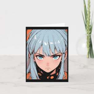 Tarjeta Chica Intensa Anime Retro Cabello Azul Estética Pe