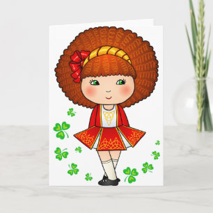 Tarjeta Chica irlandés en vestido rojo con los tréboles