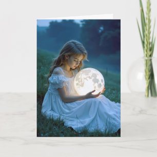 Tarjeta Chica Joven De Cumpleaños Con La Luna