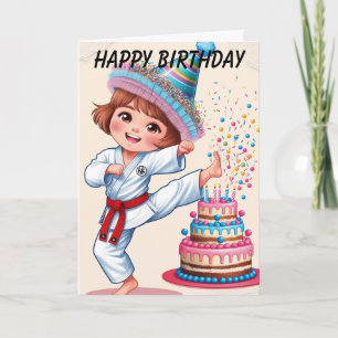 Tarjeta Chica Kawii pateando pastel de cumpleaños
