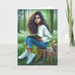 Tarjeta Chica Leyendo Un Libro Con Conejo