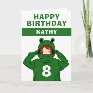 Tarjeta Chica linda con capucha de rana verde Dibujo Cumpl